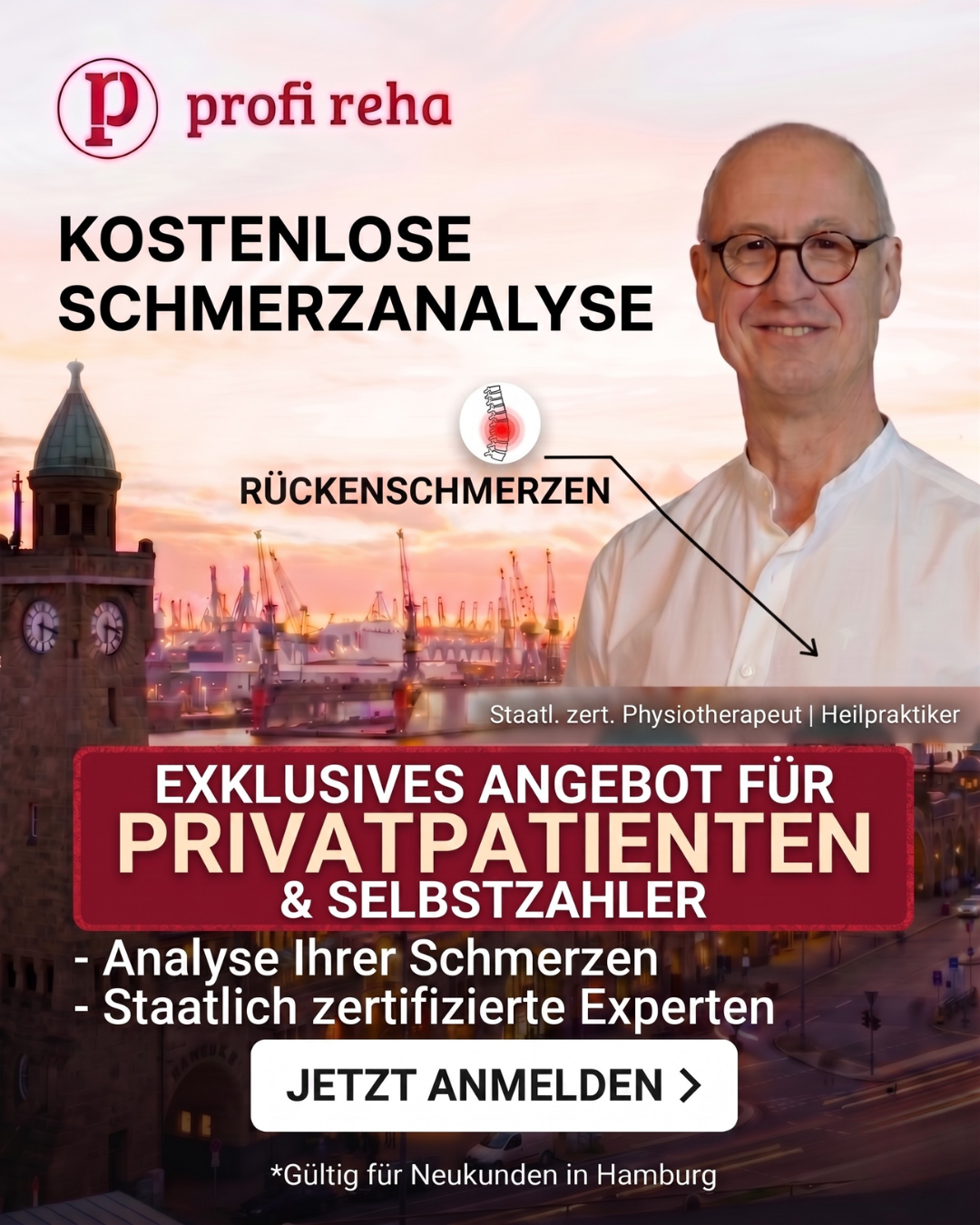 Profi Reha Hamburg Facebook ad: Schmerzen verstehen, kostenlos in Hamburg.