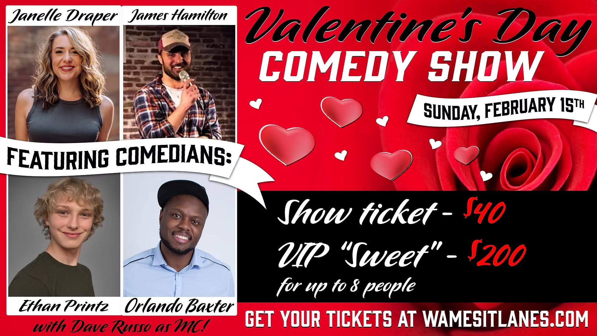 Wamesit Lanes Facebook ad: Valentine's Day Comedy Show at Wamesit Lanes