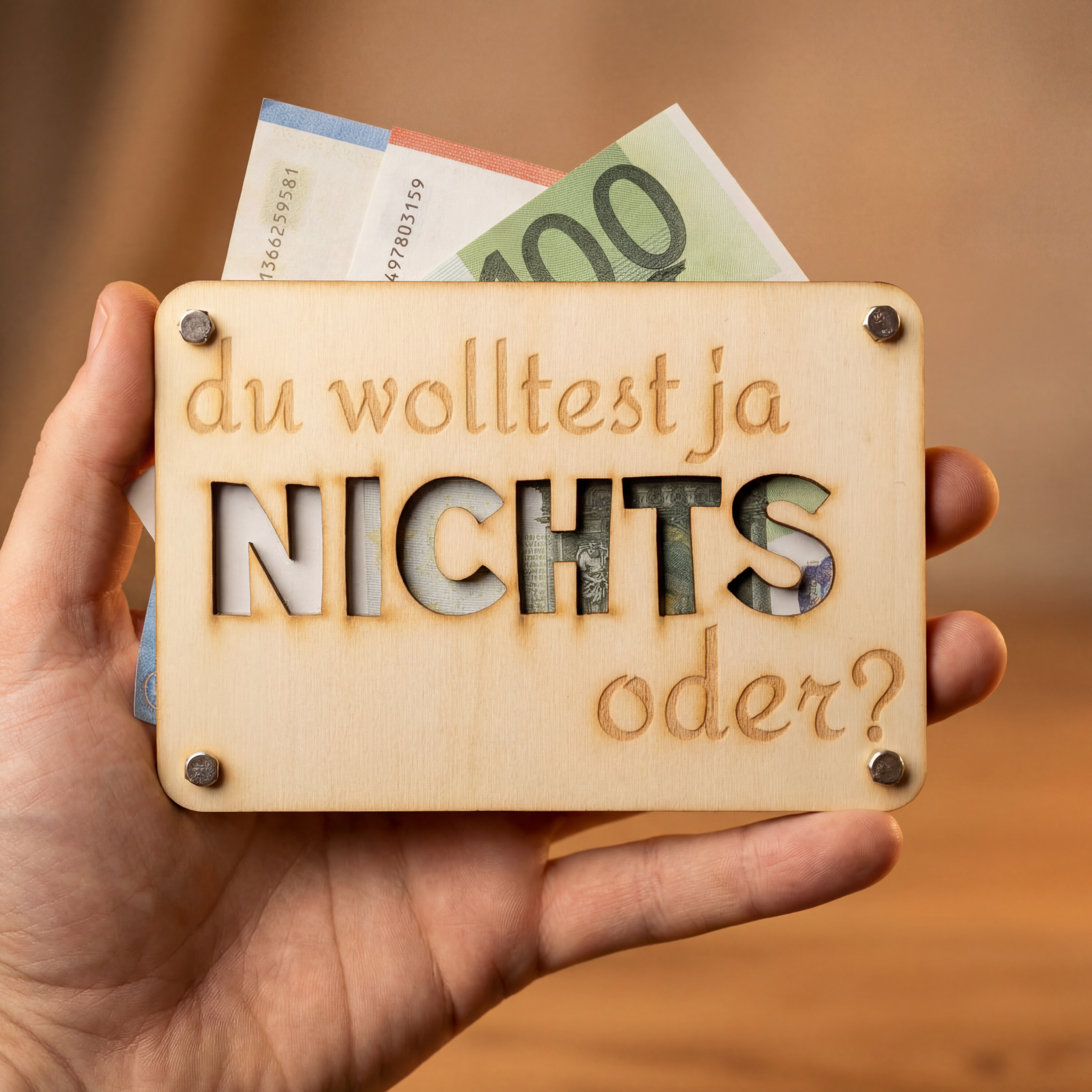 Createyourpresent Facebook ad: Personalisierte Geldgeschenkkarten aus Holz
