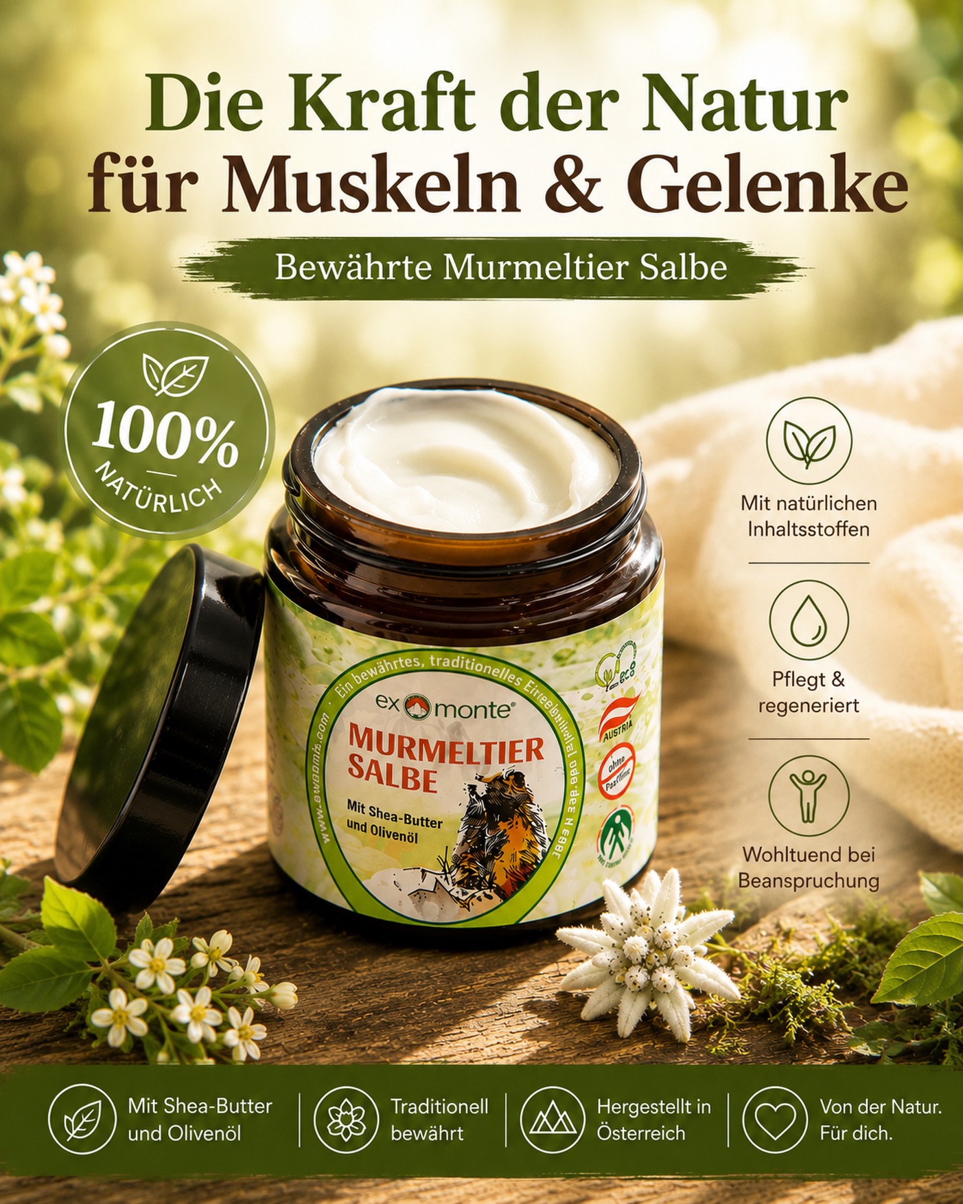 Öko-Essentials Onlineshop Facebook ad: Bewährte Murmeltiersalbe aus den Alpen