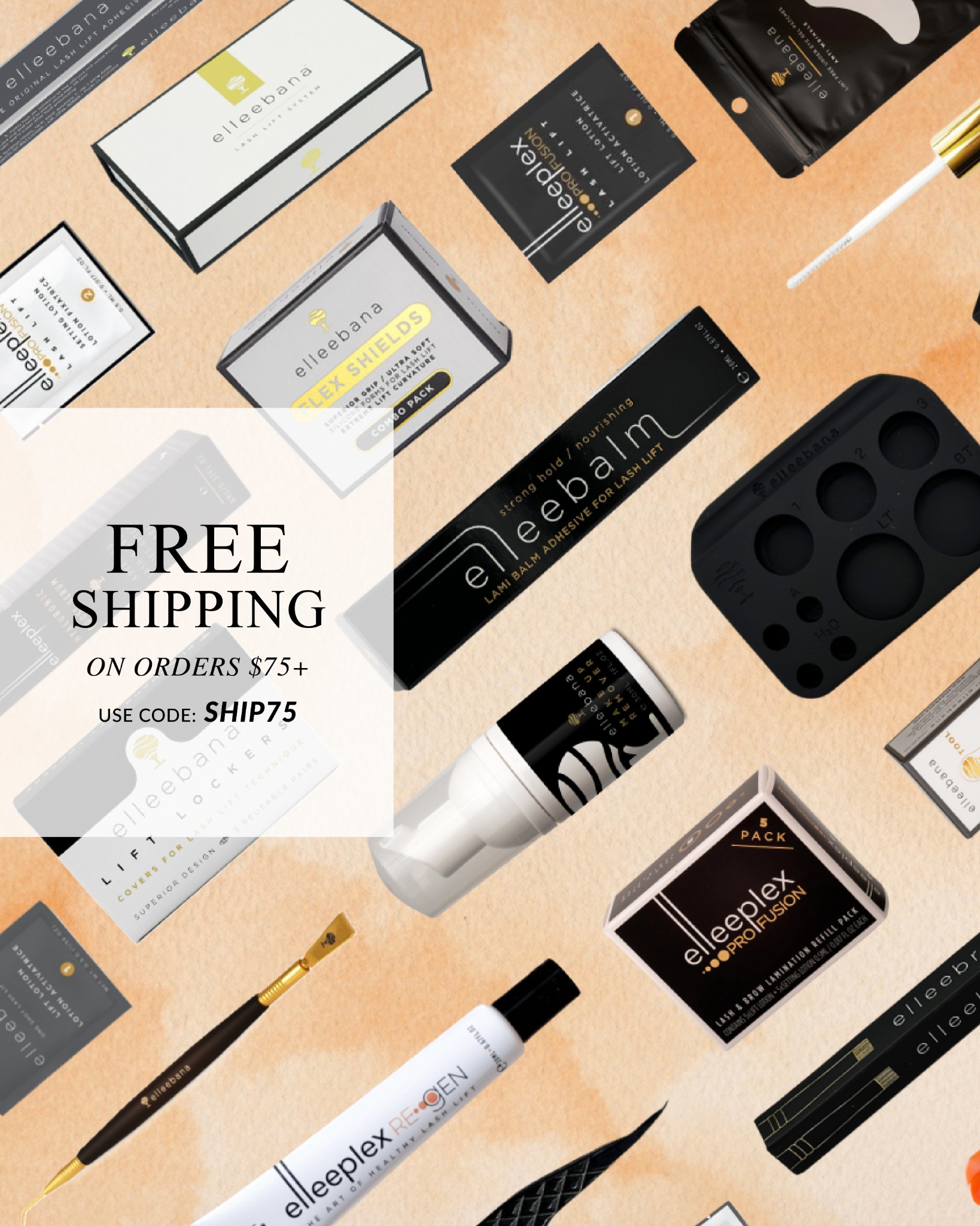 Elleebanastoreusa Facebook ad: Lash & Brow Go-To’s | Code: SHIP75