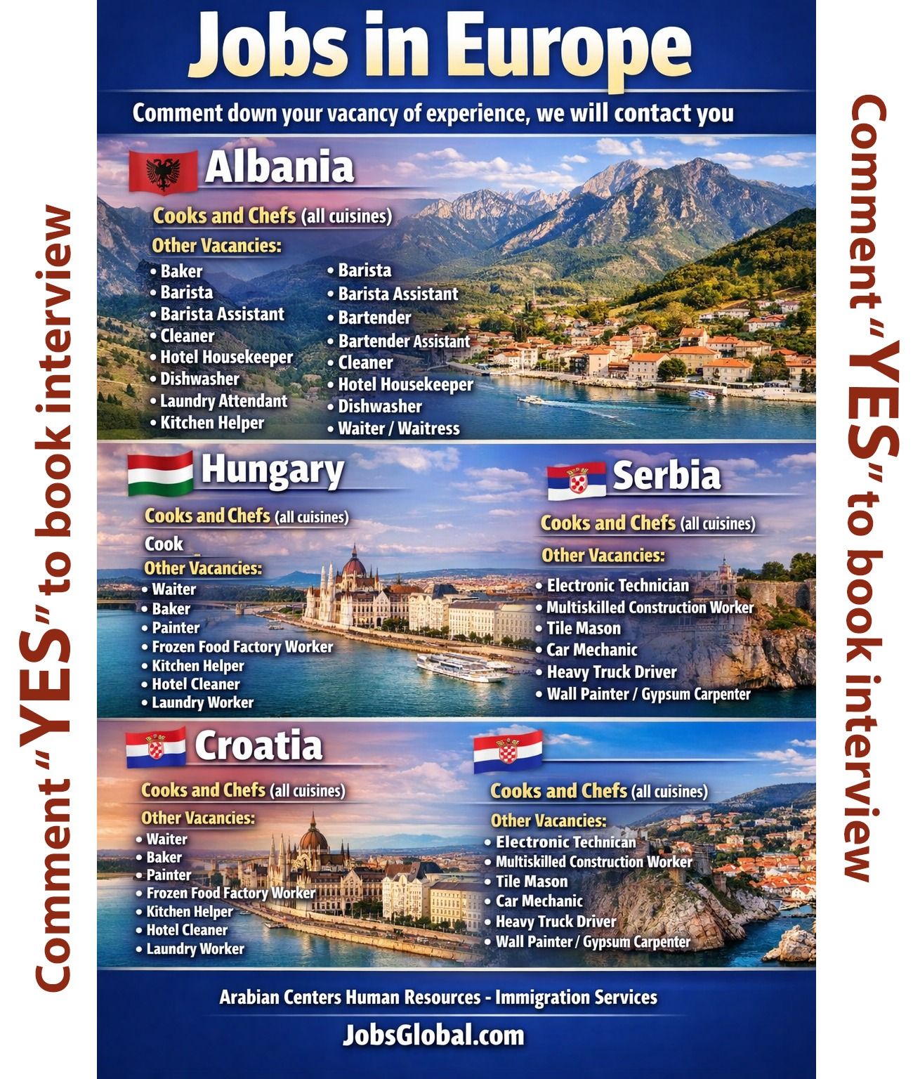 JobsGlobal.com and ACHR Global Immigration & Employment Services Facebook ad: EUROPE IS HIRING, CROATIA | HUNGARY | ALBANIA