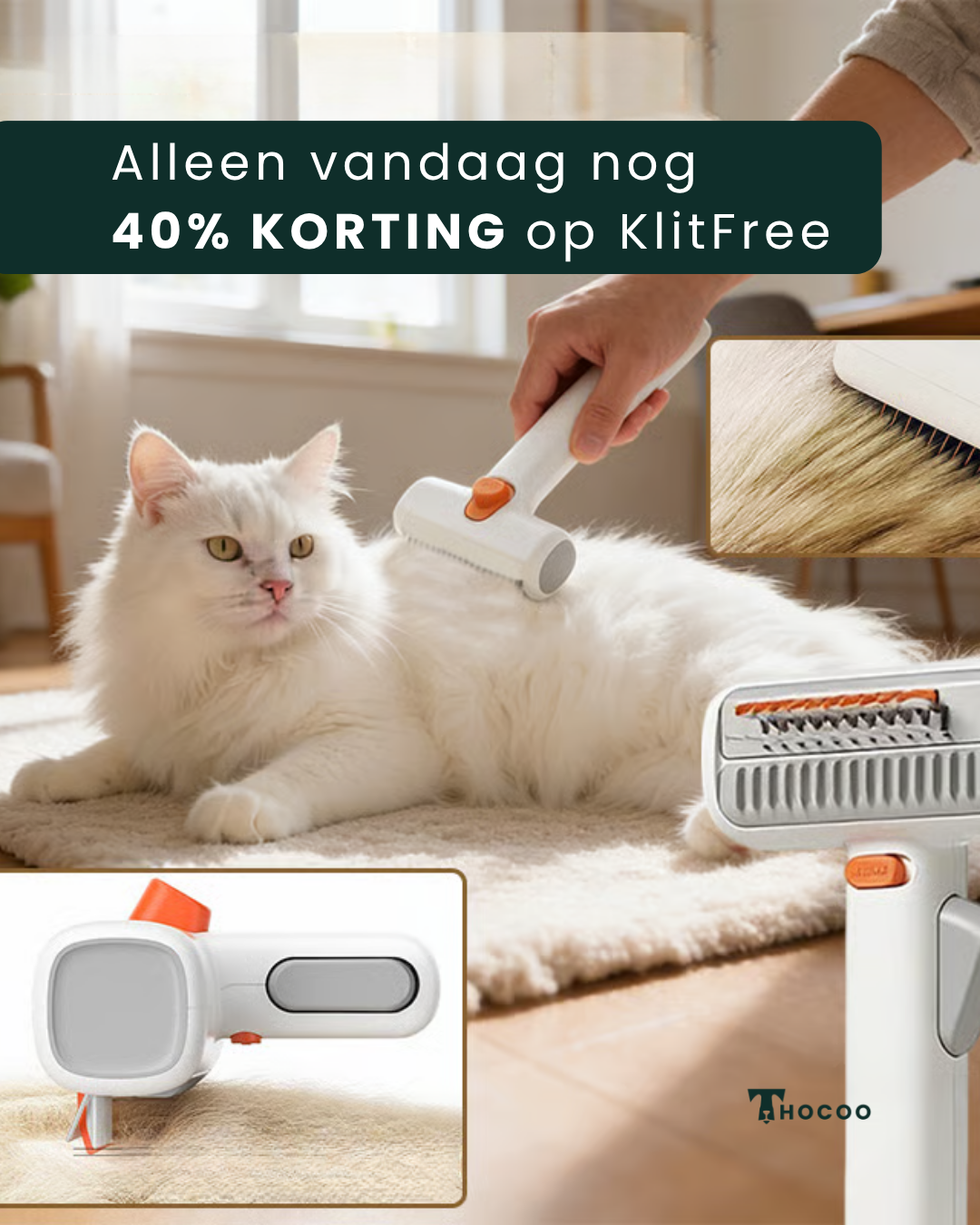 Thocoo.com Facebook ad: Nooit meer klitten in de vacht van je kat