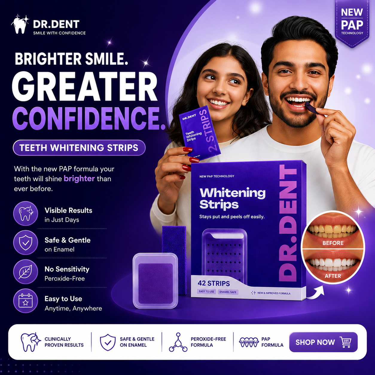 Gulf Mart Facebook ad: Dr Dent Instant Teeth Whitening Strips (V34, PAP+ Formula)