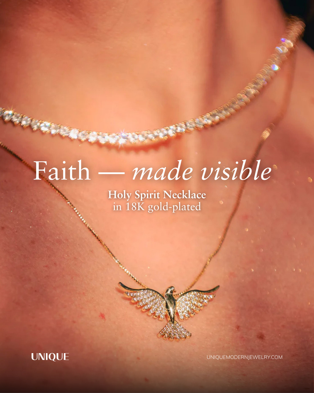 Unique Modern Jewelry Facebook ad: The Holy Spirit necklace is a symbol of…