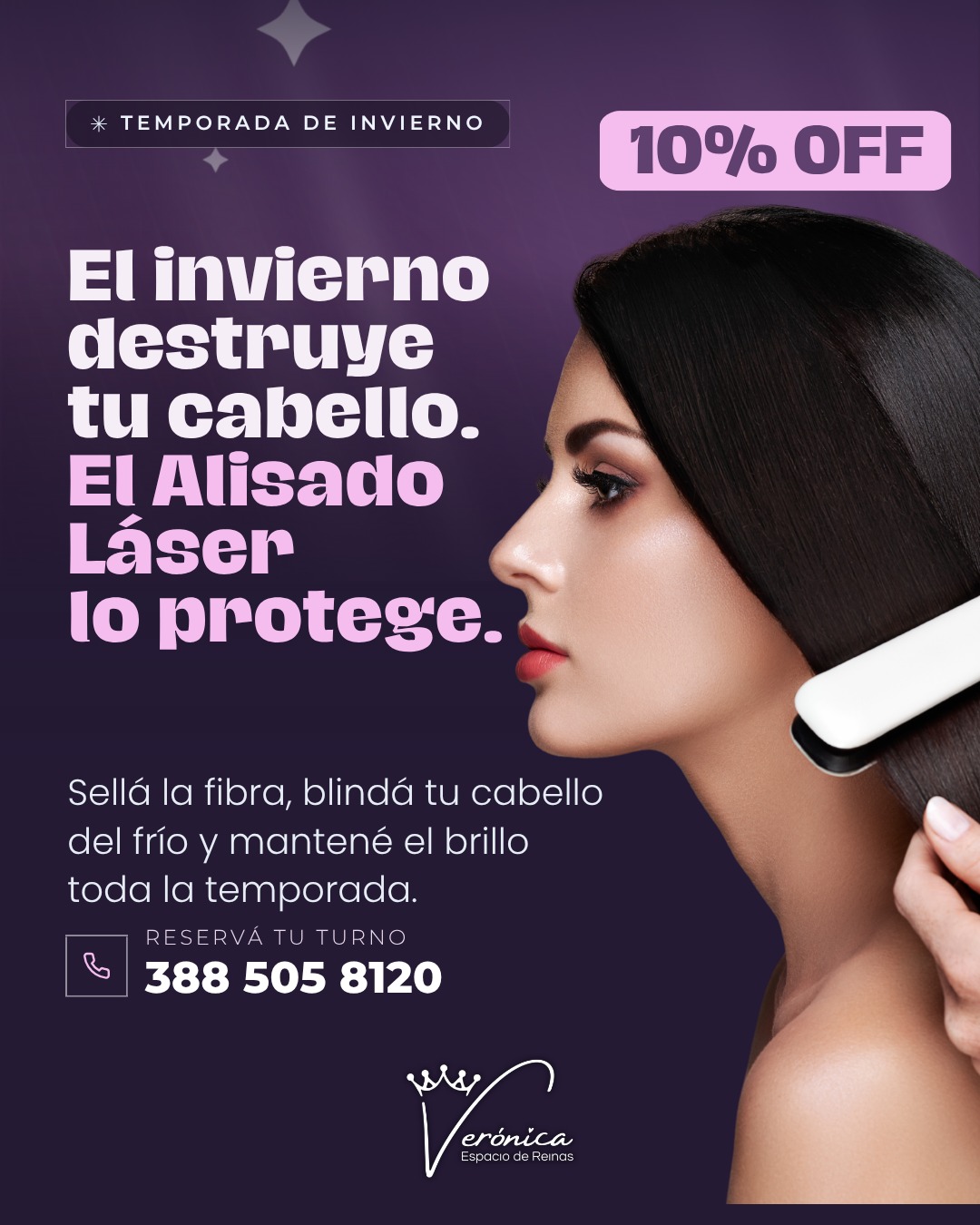 Verónica espacio de reinas Facebook ad: Tu cabello en invierno, con y sin Alisado Láser