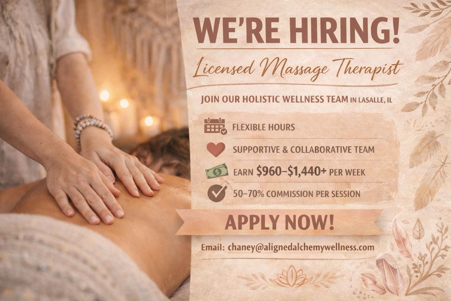Aligned & Alchemy Wellness Facebook ad: Now Hiring: Independent Contractor Massage Therapist