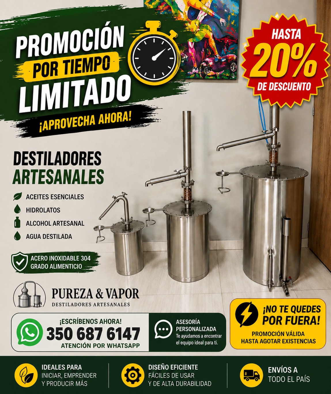 Pureza & Vapor Destiladores artesanales Facebook ad: PROMOCIÓN POR TIEMPO LIMITADO
