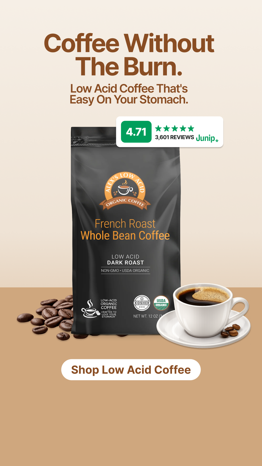 Alex's Low-Acid Organic Coffee Facebook ad