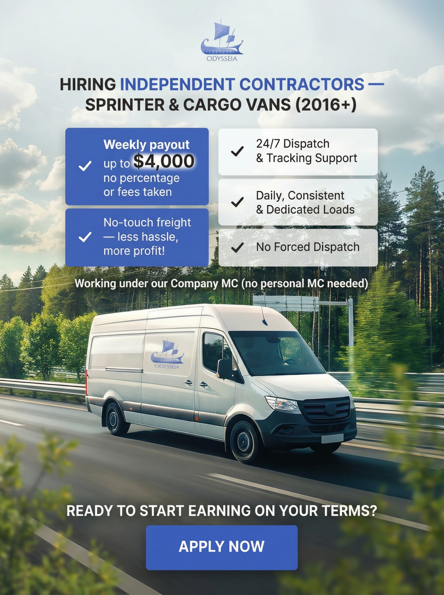 Odysseia Facebook ad: Hiring Independent Contractors - Sprinter & Cargo Vans…
