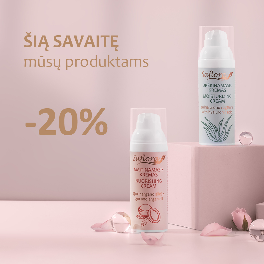 Saflora - natūrali kosmetika Facebook ad: Visam kosmetikos asortimentui taikome 20% nuolaidą!