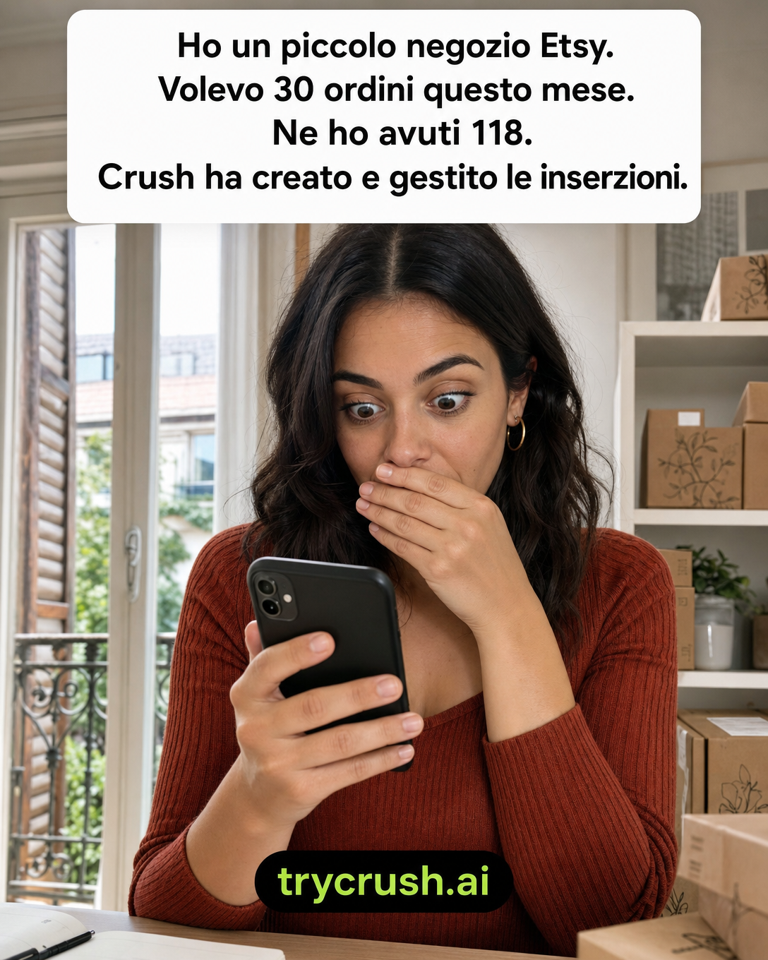 trycrush.ai Facebook ad: Volevo 30 ordini. Ne ho avuti 118.