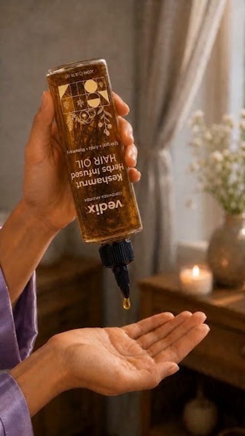 Vedix Wellness Facebook ad: Vedix Keshamrut 16+ Herbs Infused Hair Oil