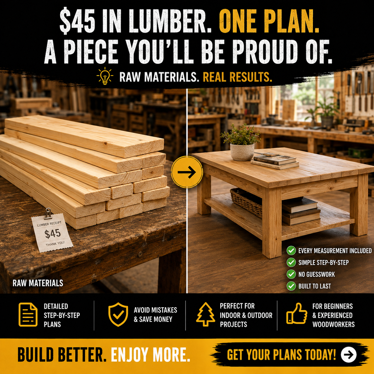 Diy Plans Vault Facebook ad: From $45 in Lumber to a Beautiful Build.