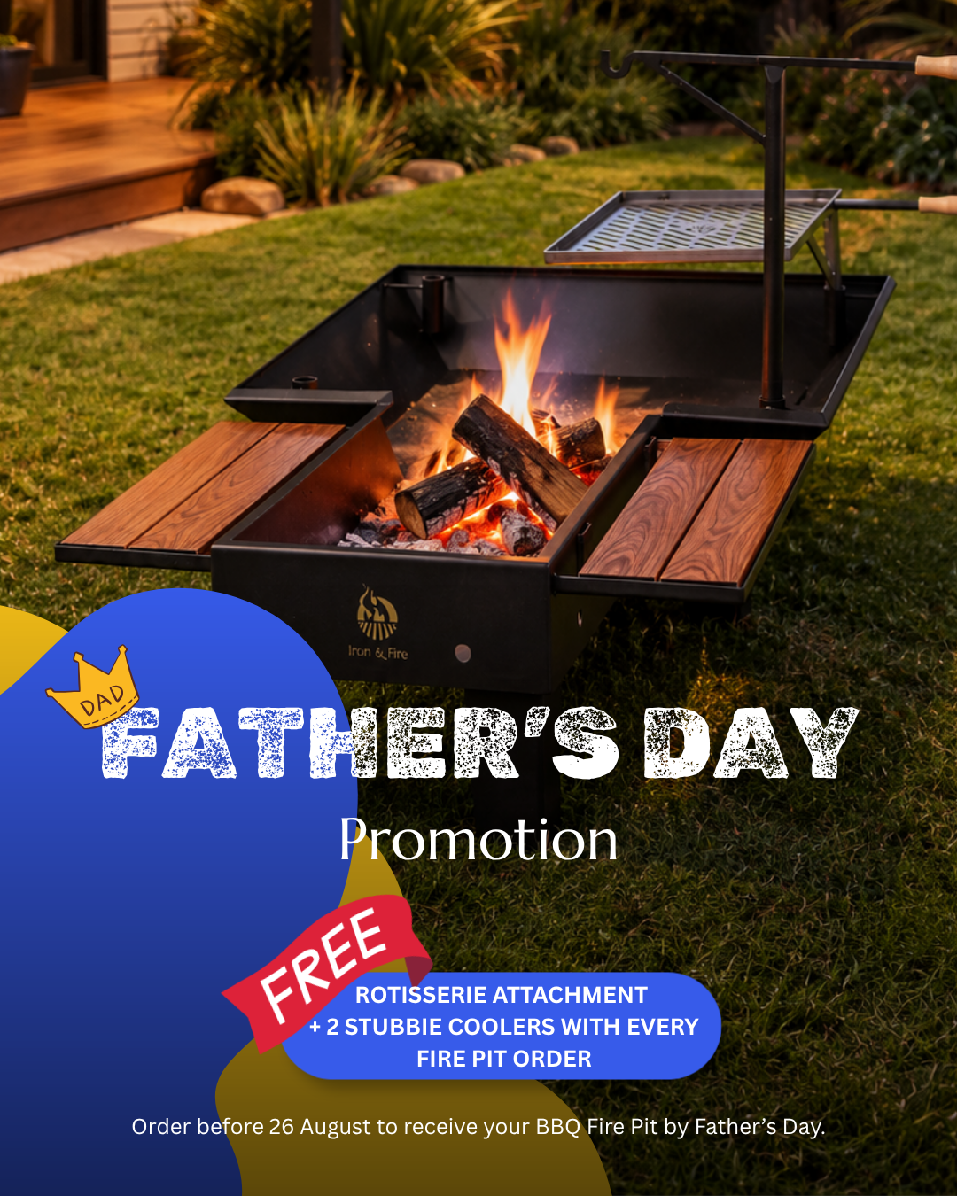 Iron & Fire BBQ Pits Facebook ad: FREE Rotisserie attachment