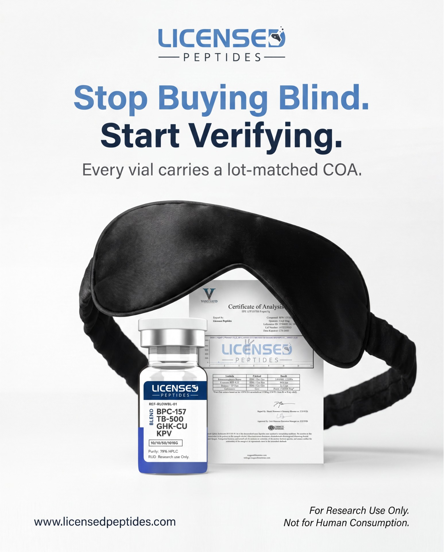 LicensedPeptides.com Facebook ad: Every Batch. 6X Tested. Publicly Verified.