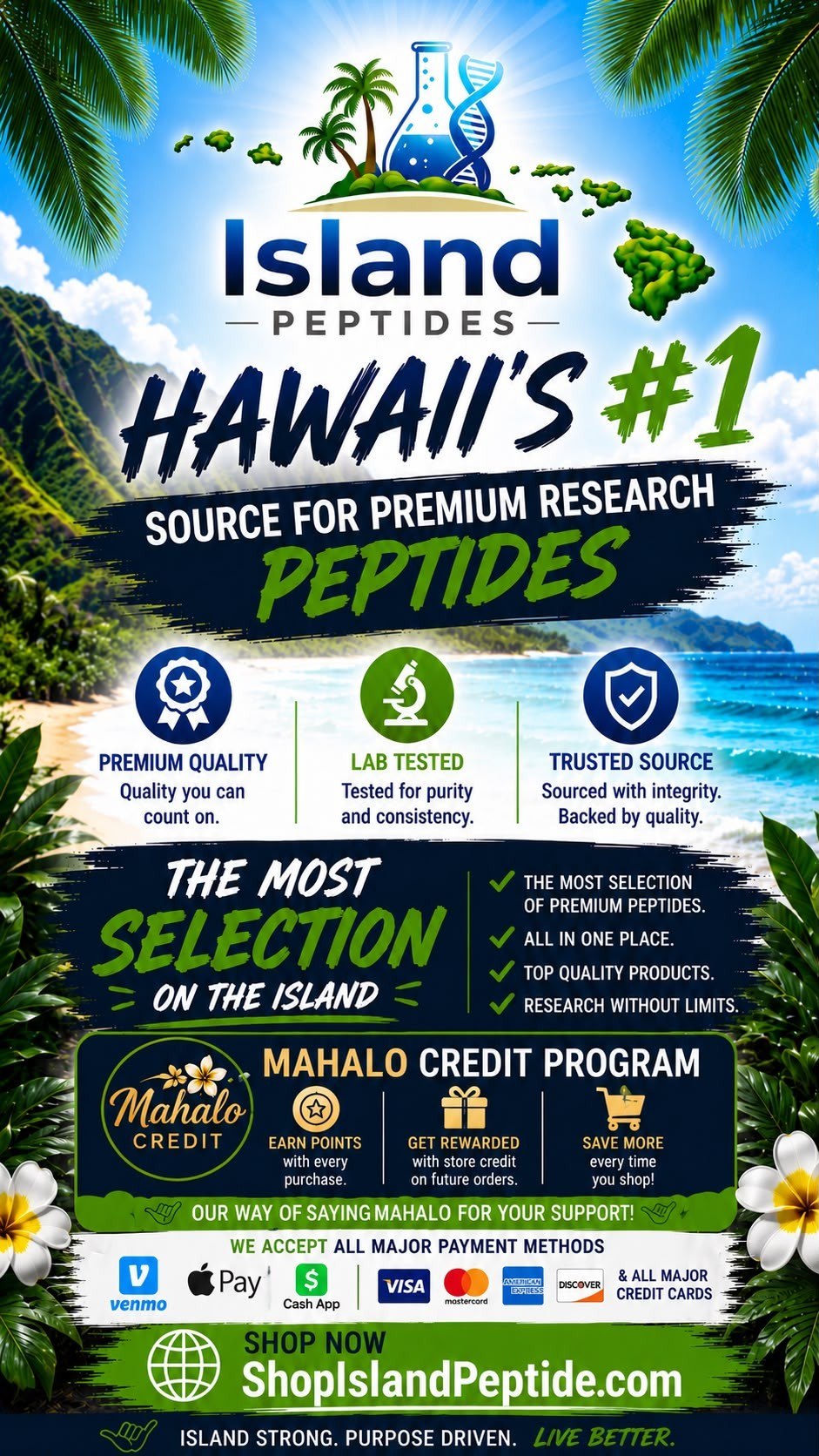 Island Ptd Facebook ad: Hawaii’s Premium Research Peptide Source