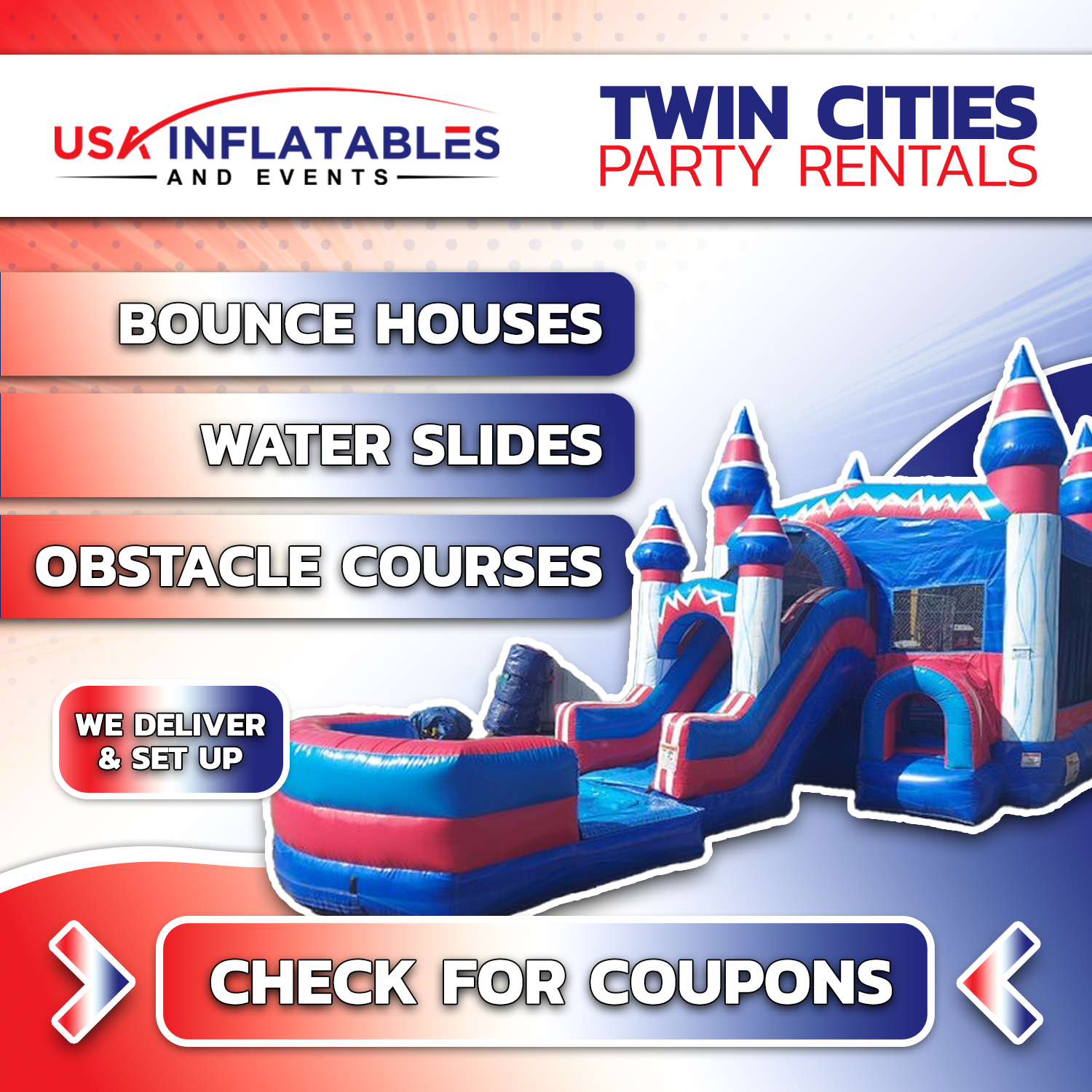 USA Inflatables and Events Facebook ad: Twin Cities Bounce House Rentals Delivered