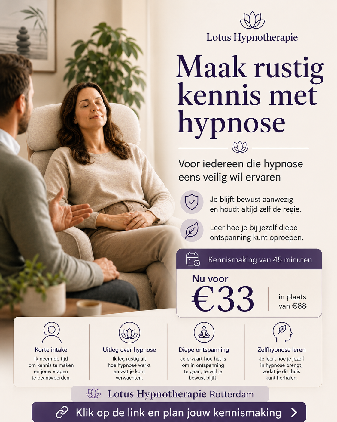 Lotus Hypnotherapie Facebook ad: Wat als hypnose veel rustiger voelt dan je denkt?