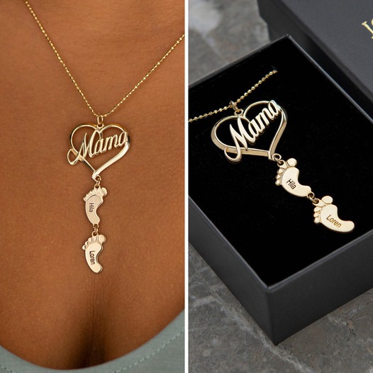 Hermsjewelry Facebook ad: Mother's Day Gift, Mama Heart Pendant With Baby Feet Charm