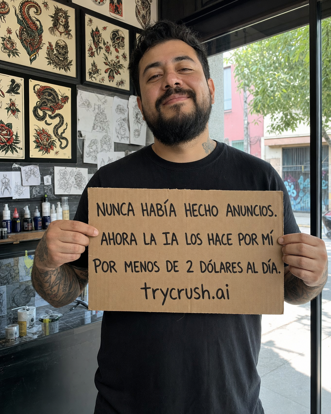 trycrush.ai Facebook ad: Nunca había hecho anuncios
