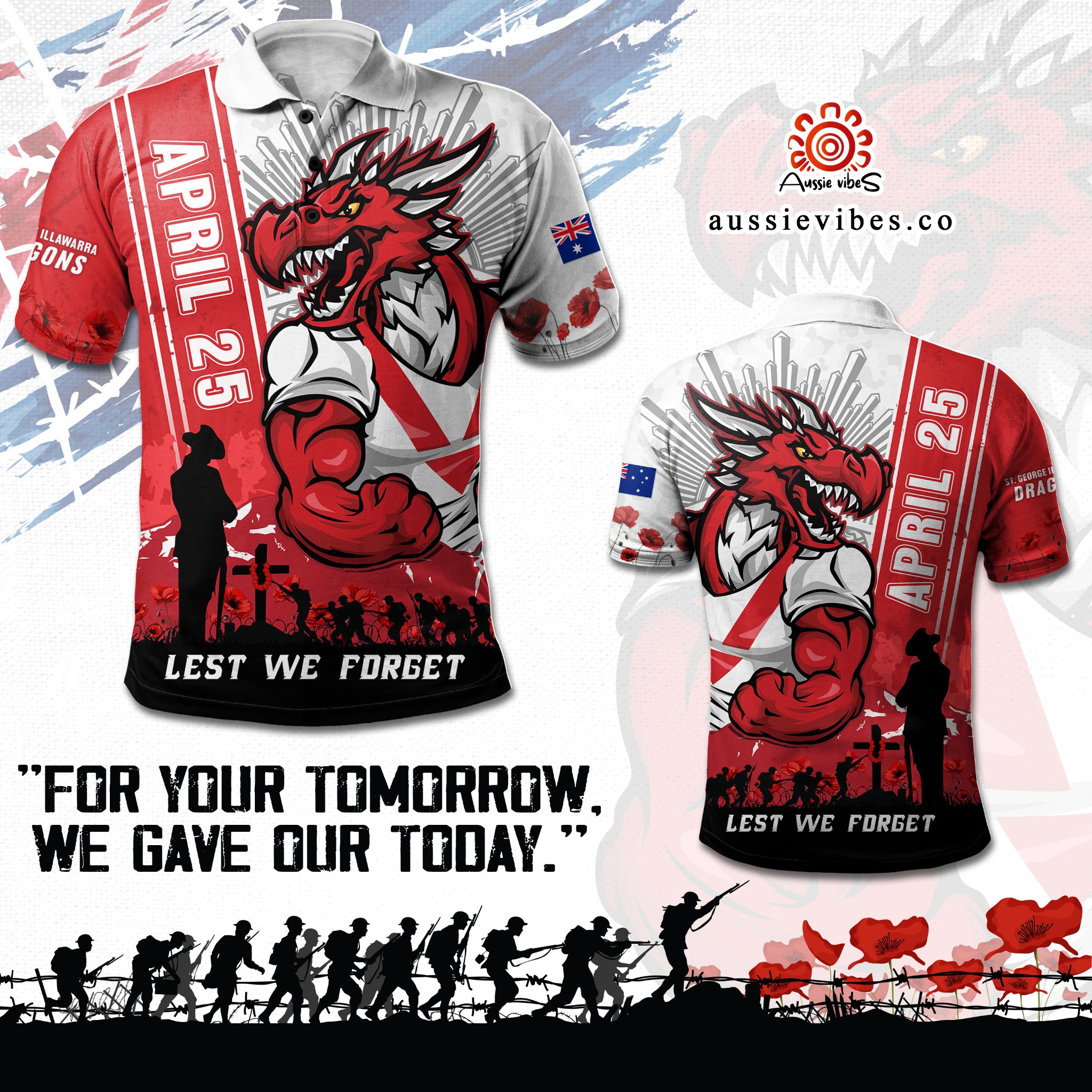 Aussie Vibes Facebook ad: St. George Illawarra Dragons Polo Shirt Anzac Day Lest We…