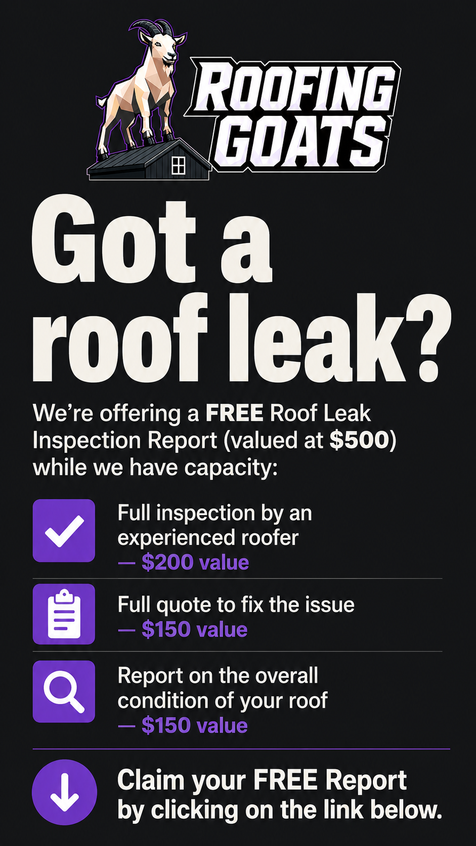 Roofing Goats Facebook ad: Free Leak Detection + Roof Report (Valued at $500)