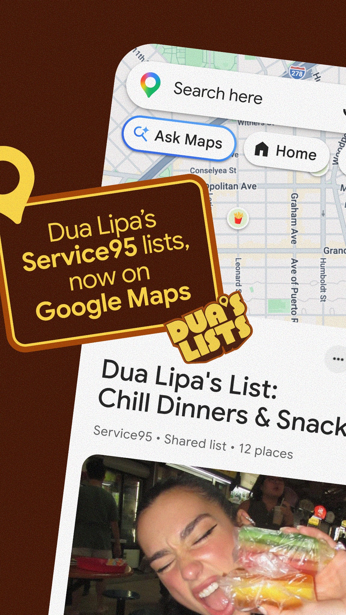 Google Maps Facebook ad: Dua Lipa's go-to spots, now on Google Maps.