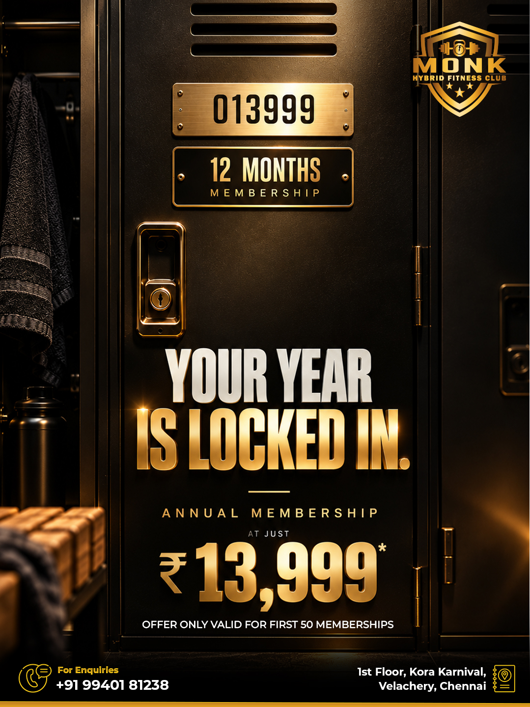 Monk Hybrid Fitness Club - Velachery Facebook ad: Lock In Your Strong Era.