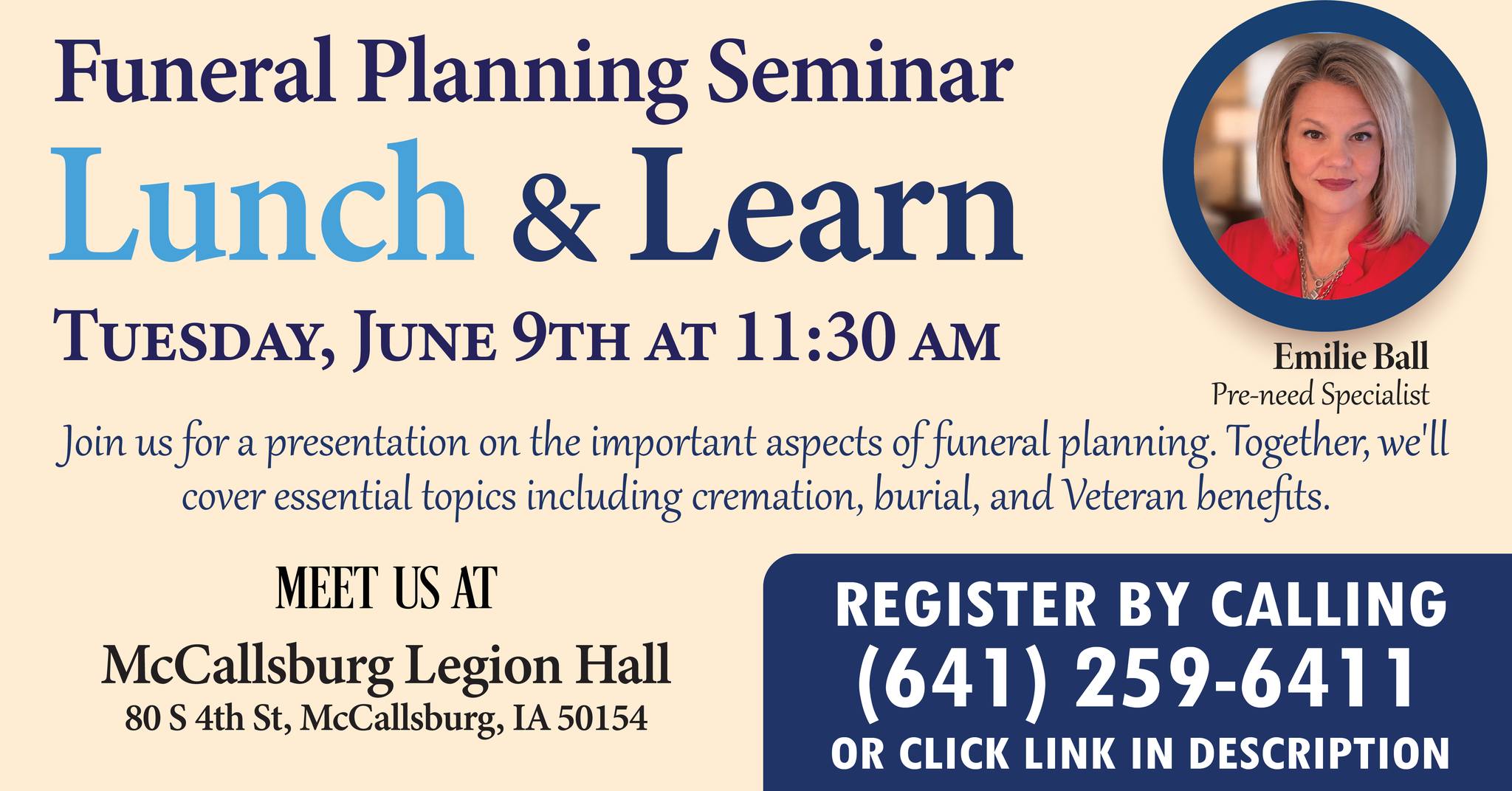 Fredregill Family Funeral Homes ~ Baxter & Zearing~ Facebook ad: Lunch & Learn - Funeral Planning Seminar