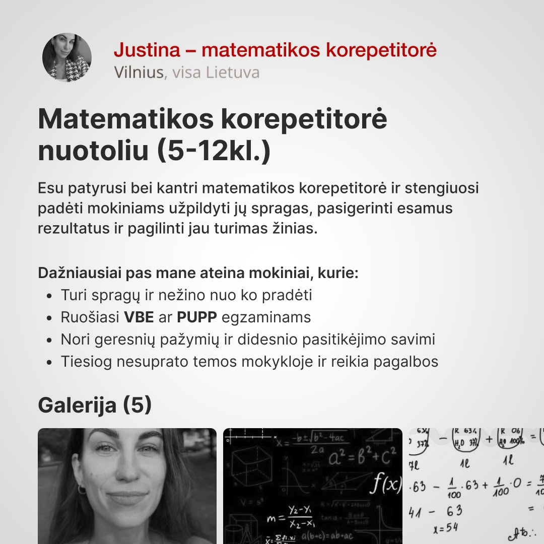 Korepetitorė Justina Elzbutienė Facebook ad: Išankstinė registracija