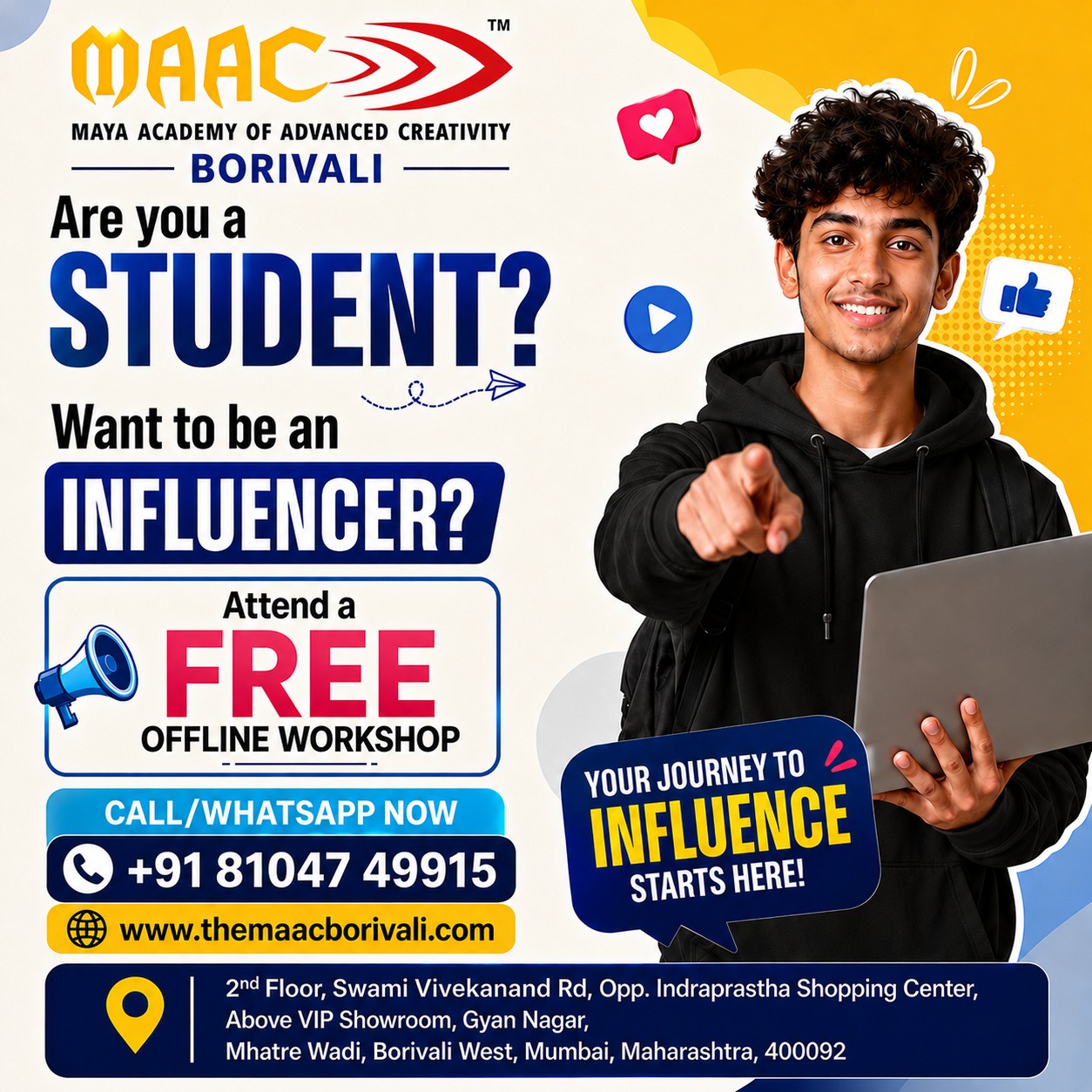 MAAC Borivali Facebook ad: Student | Working Professional | Housewife, Your Creative…
