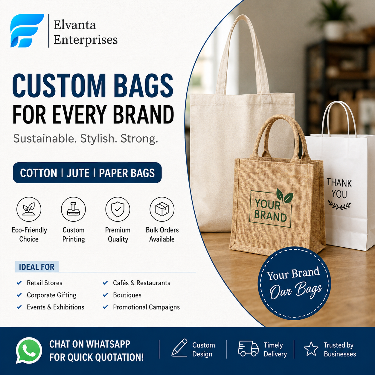 Elvanta Enterprises Facebook ad: Custom Cotton, Jute & Paper Bags