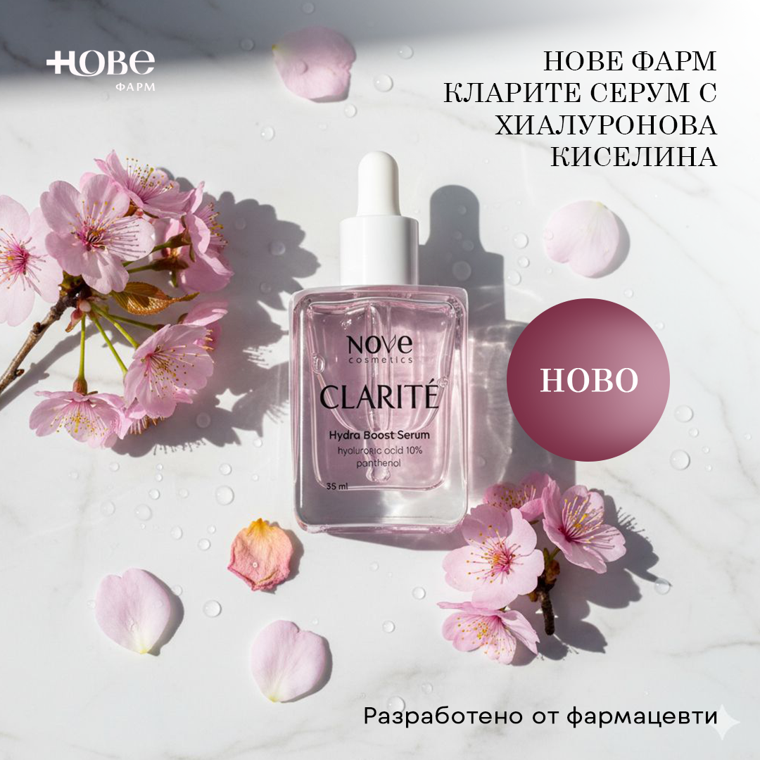 Аптеки Нове Фарм Facebook ad: Clarité Hydro Boost с хиалуронова киселина и пантенол.