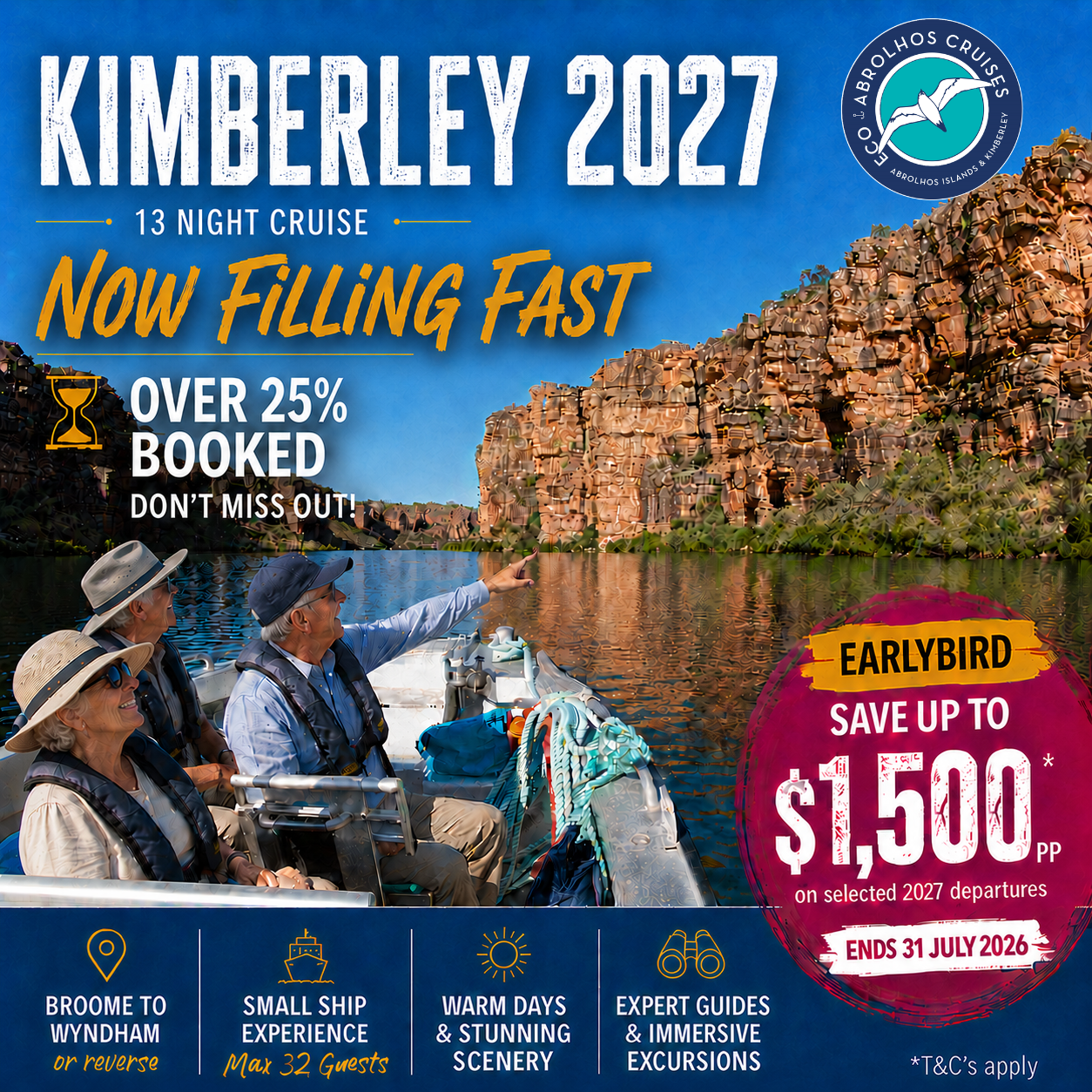Eco Abrolhos Facebook ad: Kimberley 2027 is now over 25% booked.