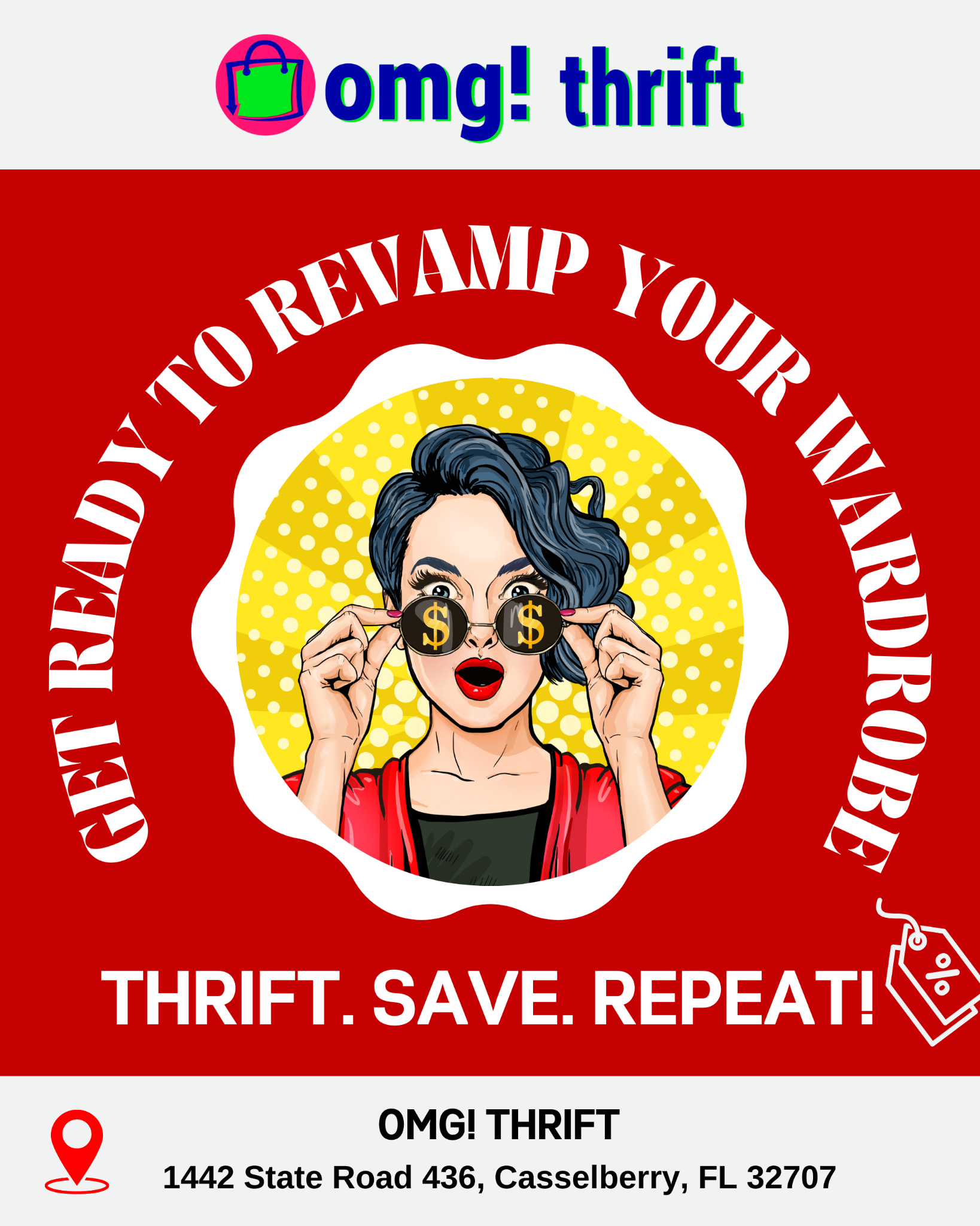OMG Thrift Facebook ad: Thrift More, Spend Less => Visit OMG!