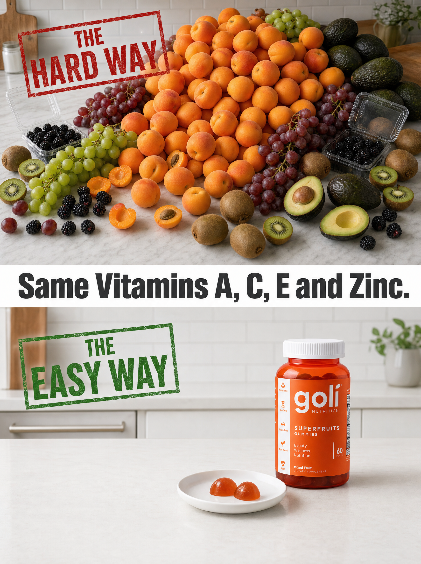 Goli Facebook ad: $50 of Fruit, or Two Gummies?
