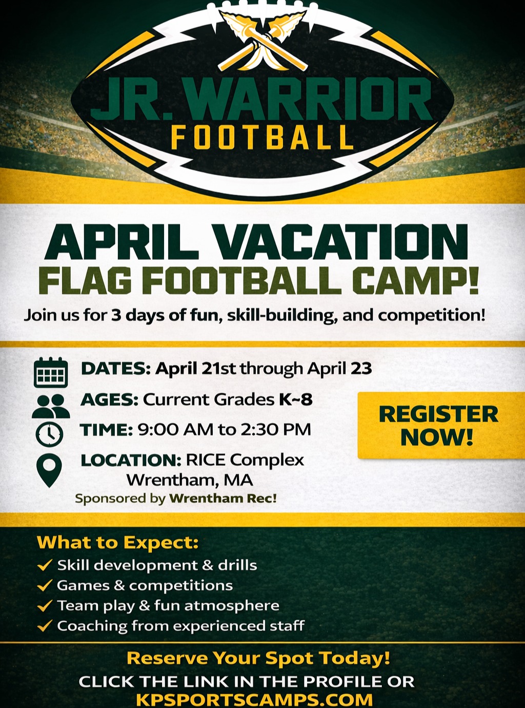 2024 Jr. Warrior Football Camps Facebook ad: REGISTER before April 15th!