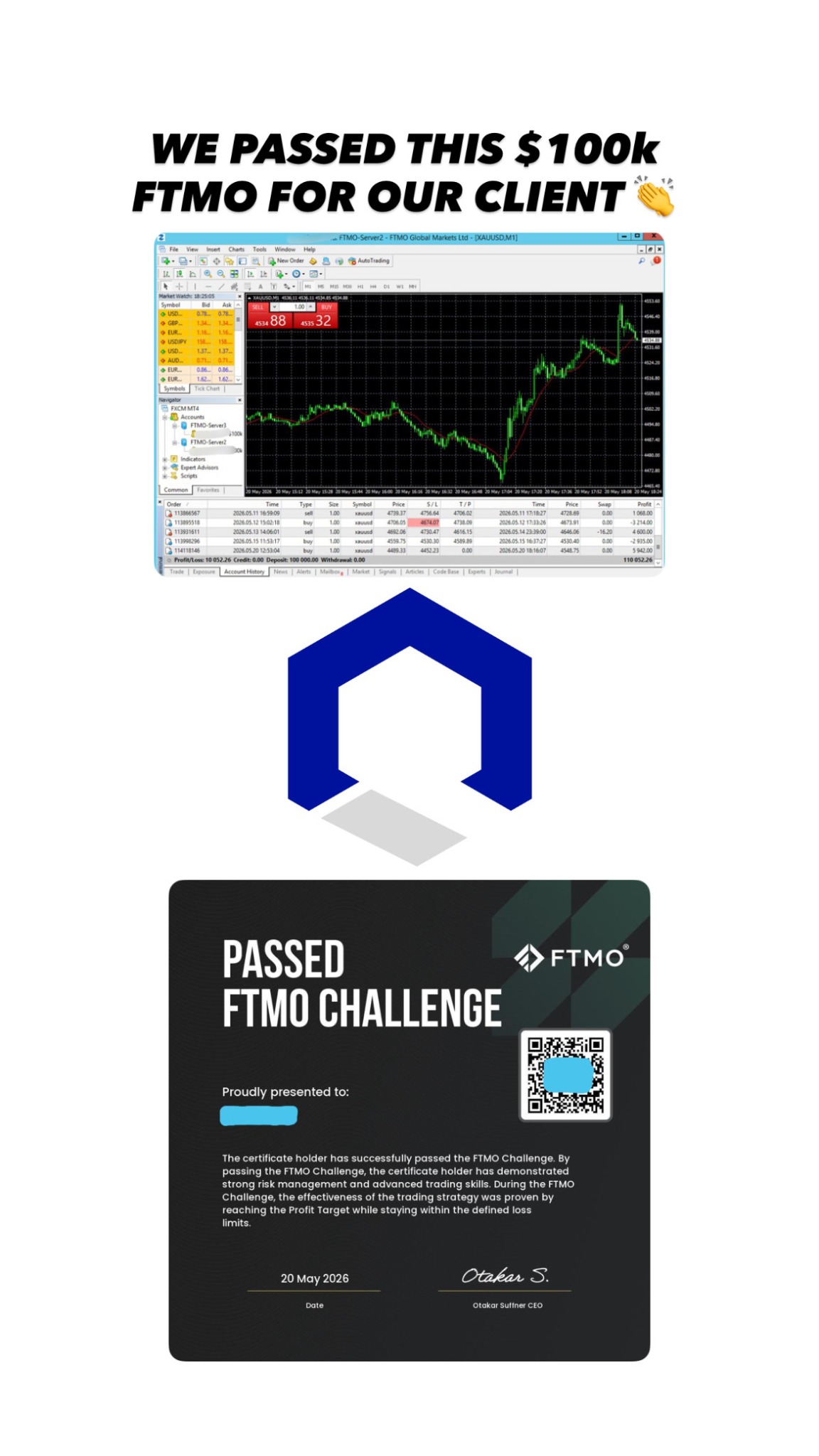 Quantum Passing Facebook ad: FTMO $100K challenge, passed for our client.