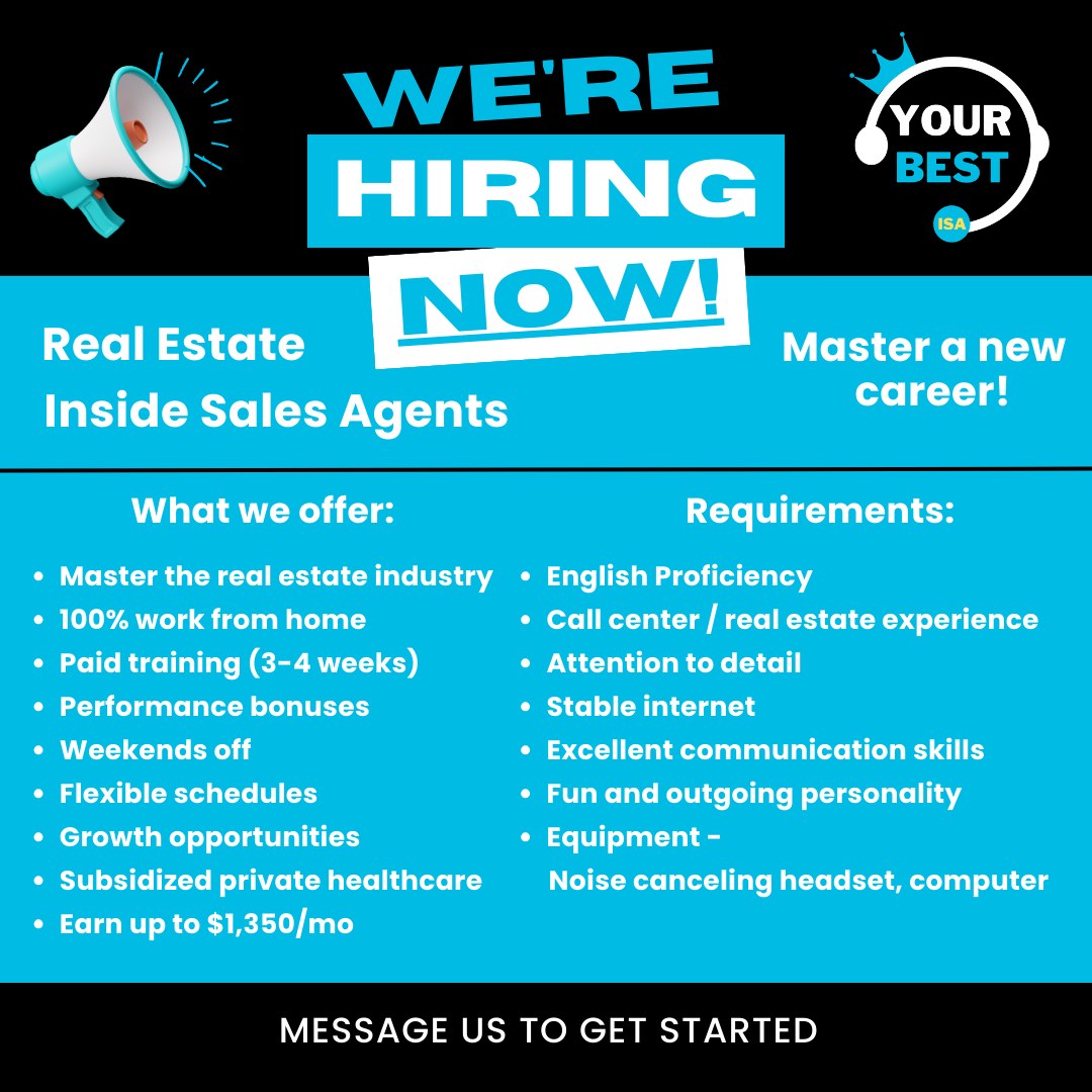 Your Best ISA Facebook ad: We're actively hiring REAL ESTATE Inside Sales Agents!