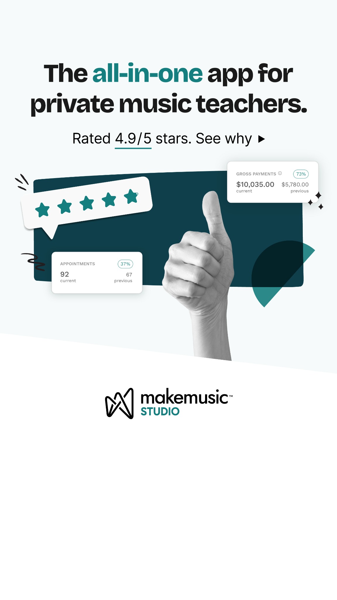 MakeMusic Studio Facebook ad: One app for music teachers.