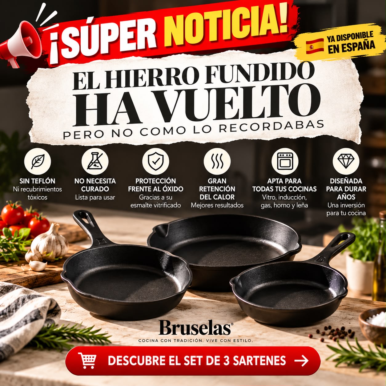 Bruselas Cocina Spain Facebook ad: ¡Súper noticia! El hierro fundido ha vuelto