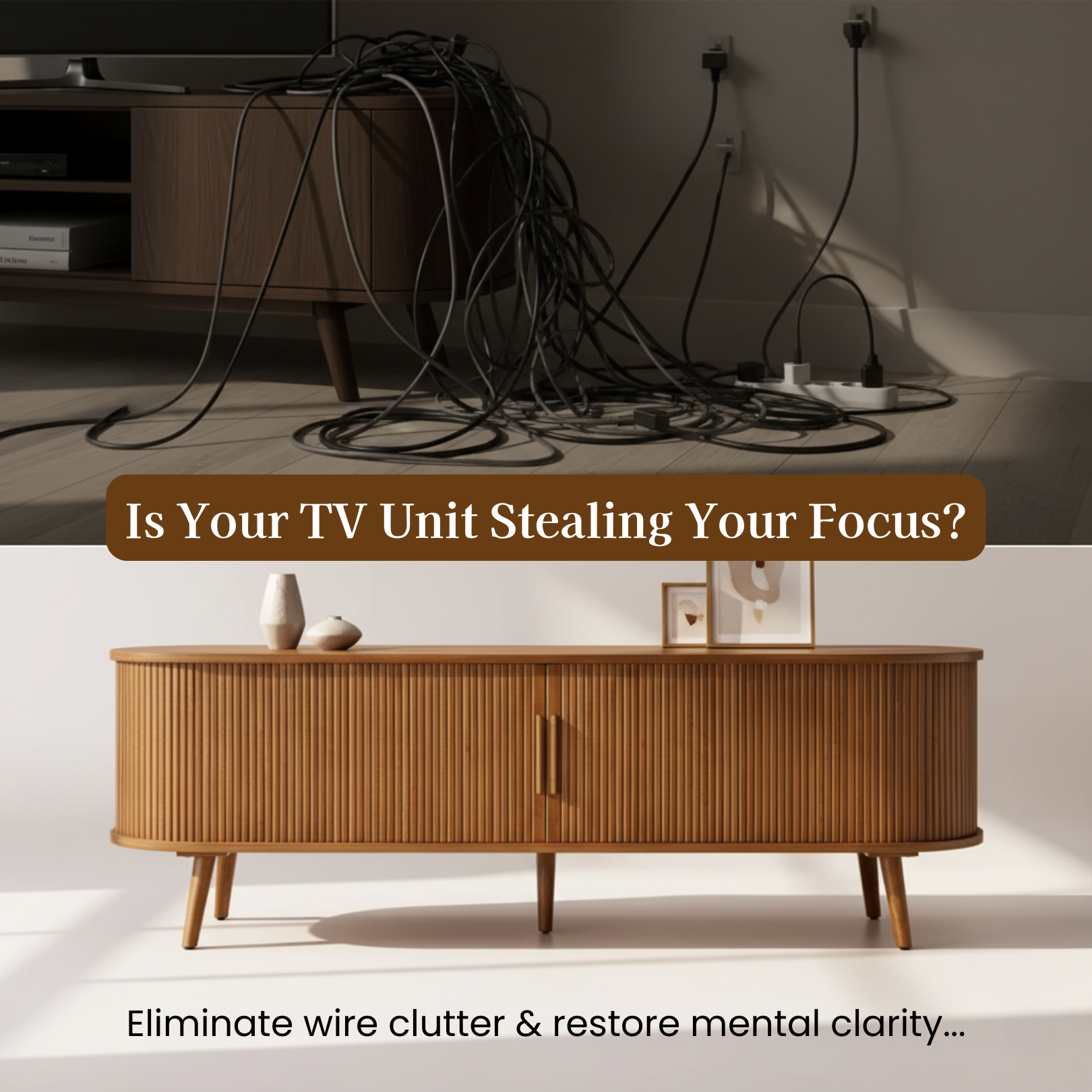 Exclusivia Facebook ad: Declutter Your Mind, Starting with Your TV Unit.