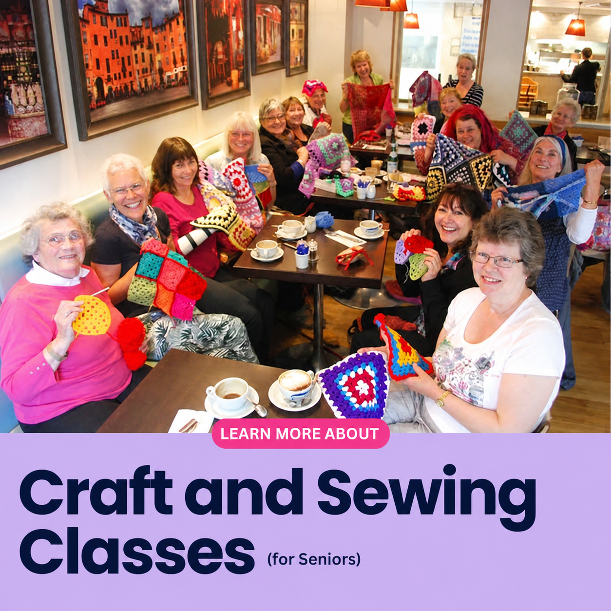 Tom's Smart Choice Facebook ad: discover friendly craft and sewing classes for seniors…