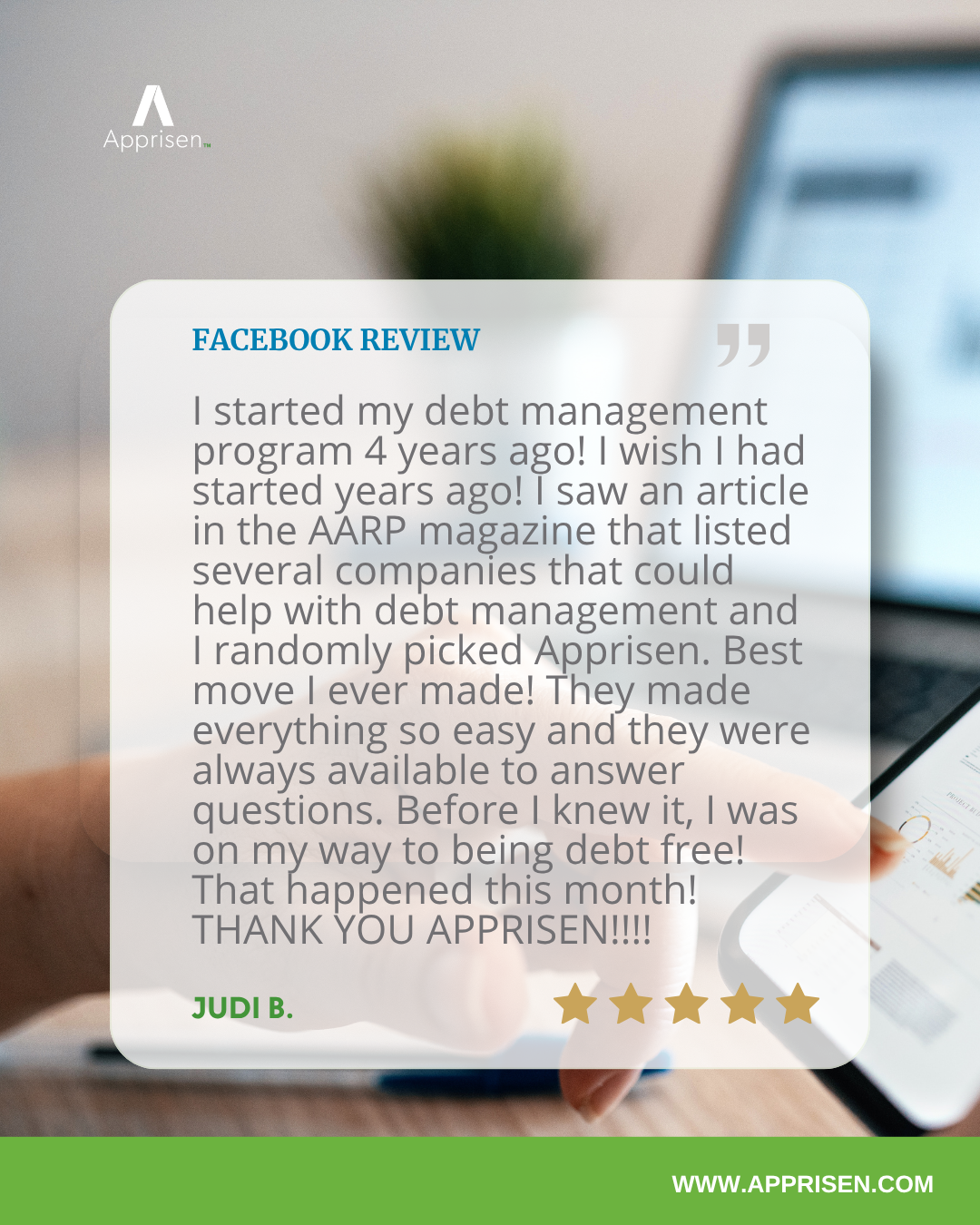 Apprisen Facebook ad: Debt-free & stress-free!