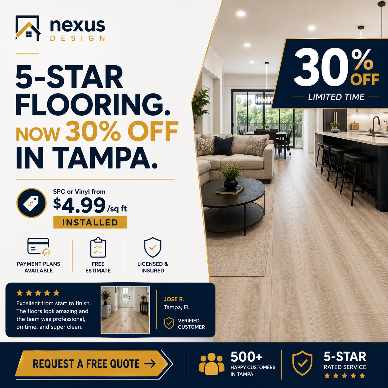 Nexus Design Tampa Facebook ad: 30% OFF Tile Installation, 1/64 Precision Tampa