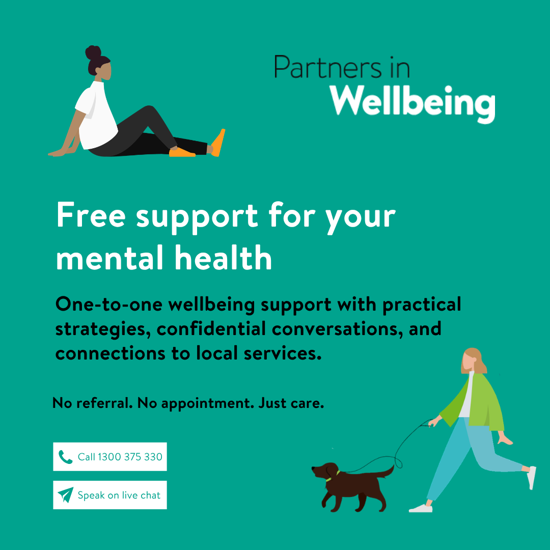 Partners in Wellbeing Facebook ad: Feeling stressed, anxious or supporting a loved one? We’re…