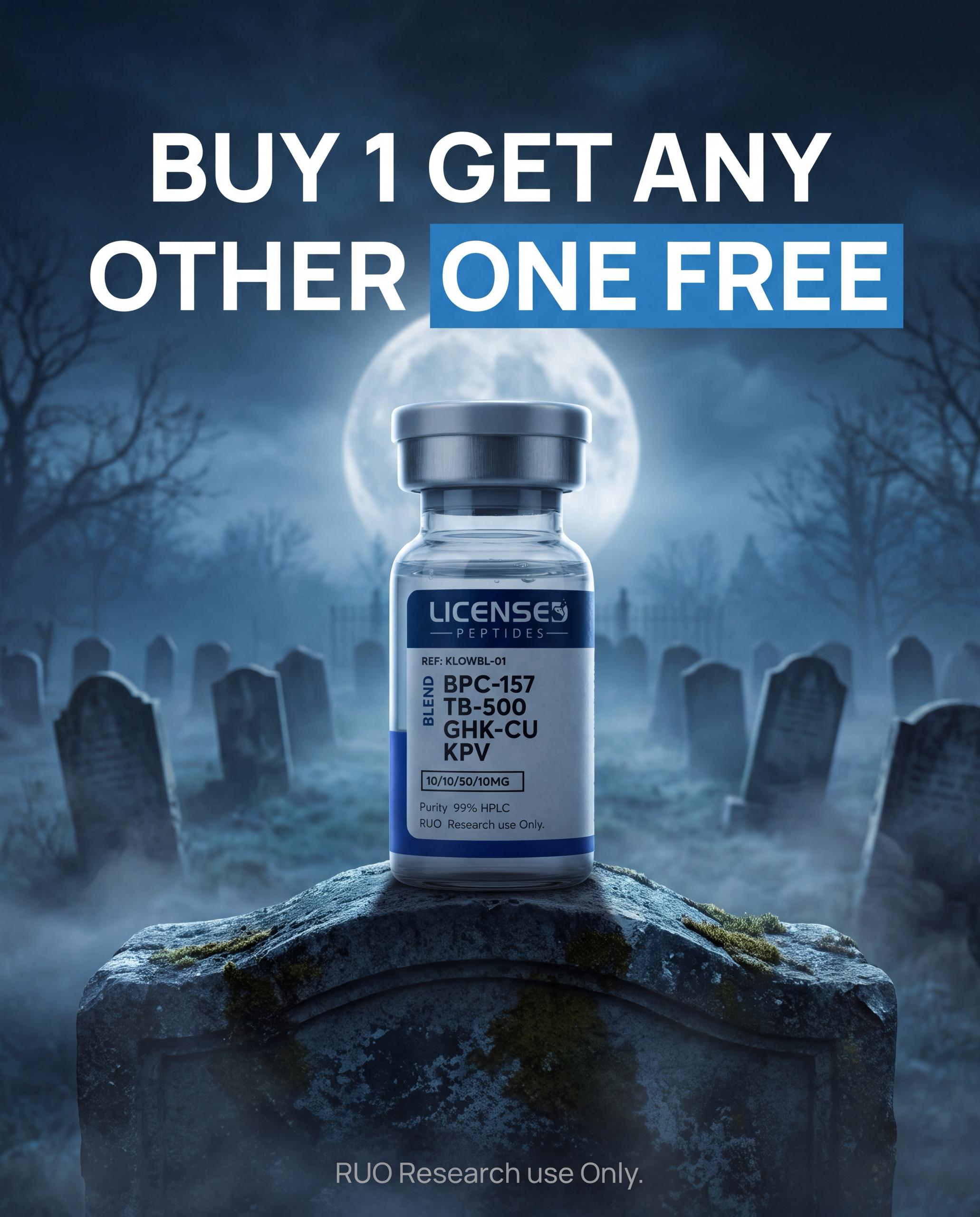 Licensed Peptides Facebook ad: 2 FOR 1, PICK ANY VIAL FREE