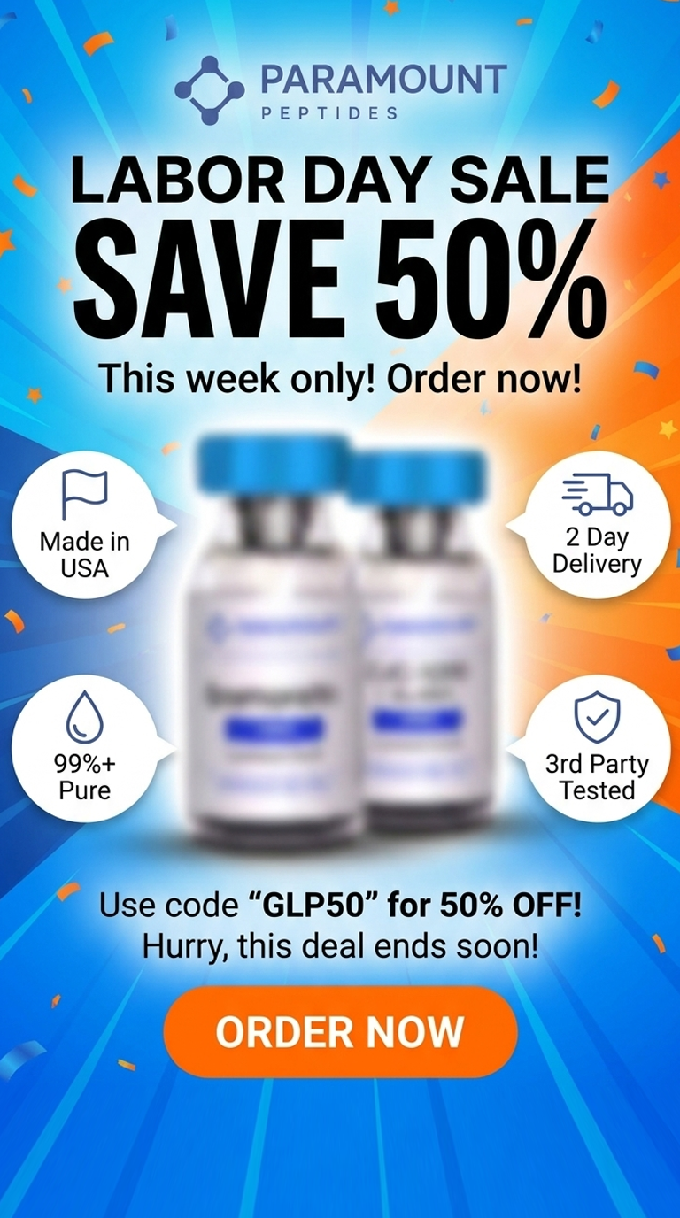 Paramount Peptides Sale Facebook ad: 50% OFF GIP's Labor Day Sale!