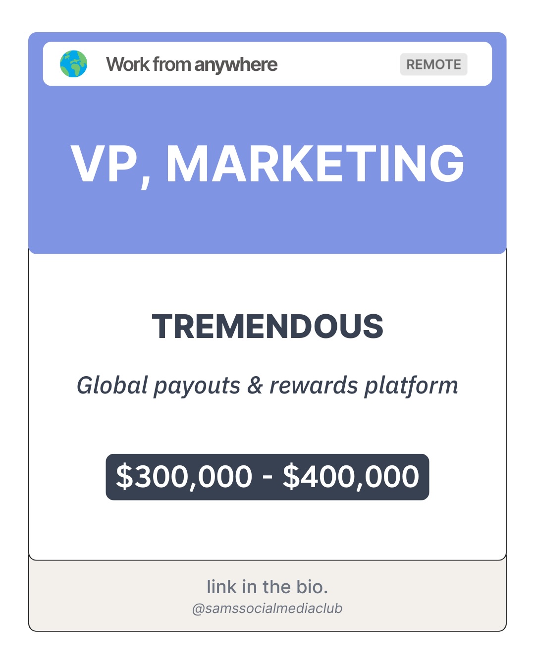 Sam's social media club. Facebook ad: WORK FROM ANYWHERE ROLES